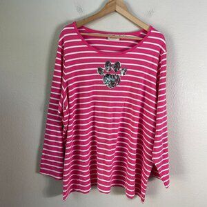 Quacker Factory Womens Plus 3X Pink White Striped 3/4 Sleeve Top With Sequin Paw